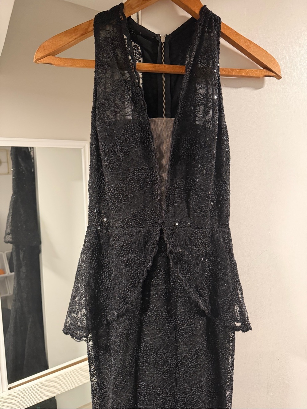 Nicole Bakti Black Beaded Lace Backless Evening Gown